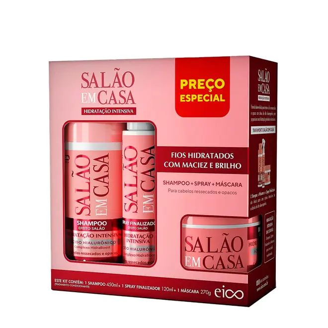 Shampoo Máscara e Splay Eico Salão em Casa Hidratação Intensiva 840ml