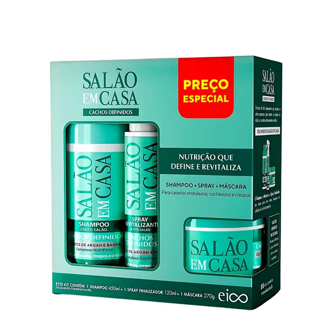 Shampoo Máscara e Splay Eico Salão em Casa Cachos Definidos 840ml