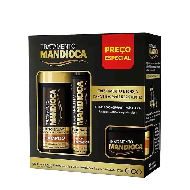 Shampoo Máscara e Splay Eico Salão em Casa Efeito Mandioca 840ml