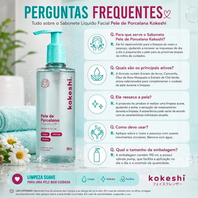 Sabonete Líquido Facial Kokeshi Pele de Porcelana 190ml